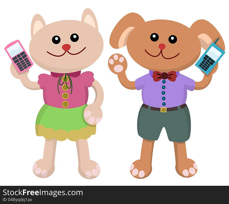 A cartoon cat and cartoon dog both holding a cellular phone. A cartoon cat and cartoon dog both holding a cellular phone