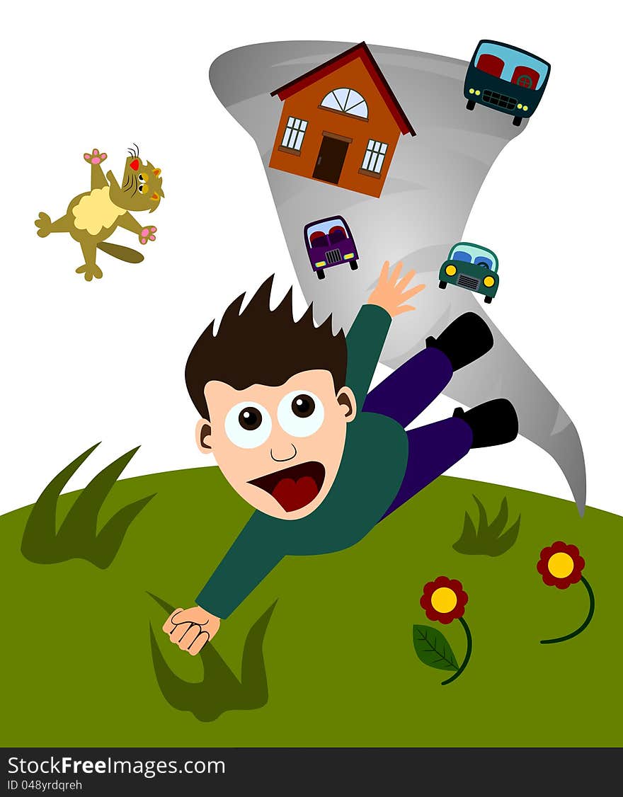 Cartoon man holding on some grass while everything is being sucked by a giant tornado