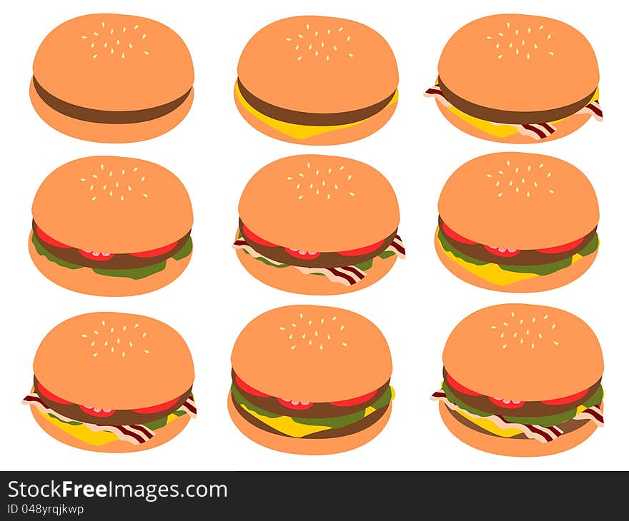 Illustration of a set of different preparations on burgers