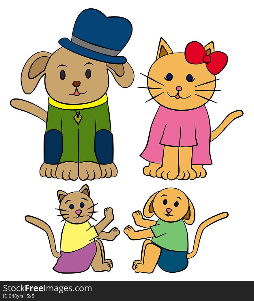 A cartoon animal family composed of a married dog and cat with their offspring. A cartoon animal family composed of a married dog and cat with their offspring