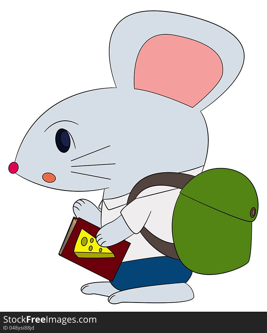 Cute cartoon mouse with a bag and book. Cute cartoon mouse with a bag and book