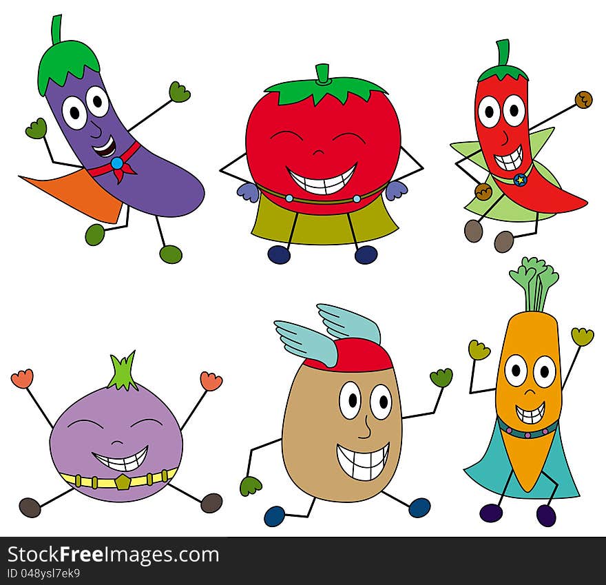 A set of cute kid like drawings of vegetables posing and wearing super hero clothes. A set of cute kid like drawings of vegetables posing and wearing super hero clothes