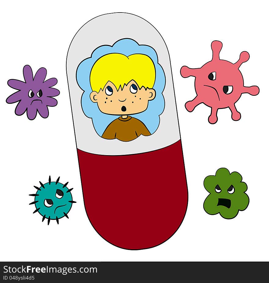 Young cartoon man protected inside a vitamin capsule, while viruses surrounds him. Young cartoon man protected inside a vitamin capsule, while viruses surrounds him