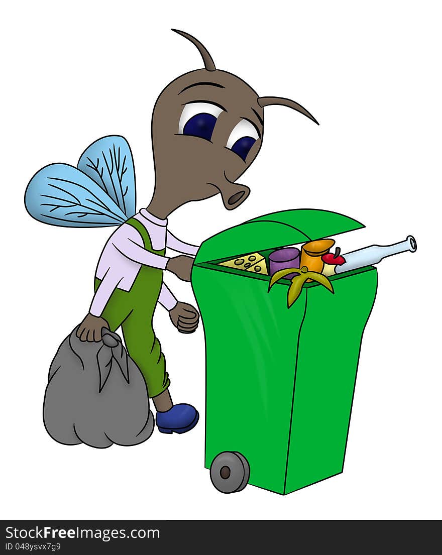 Cartoon environmentalist fly pushing a trash bin and collecting garbage. Cartoon environmentalist fly pushing a trash bin and collecting garbage