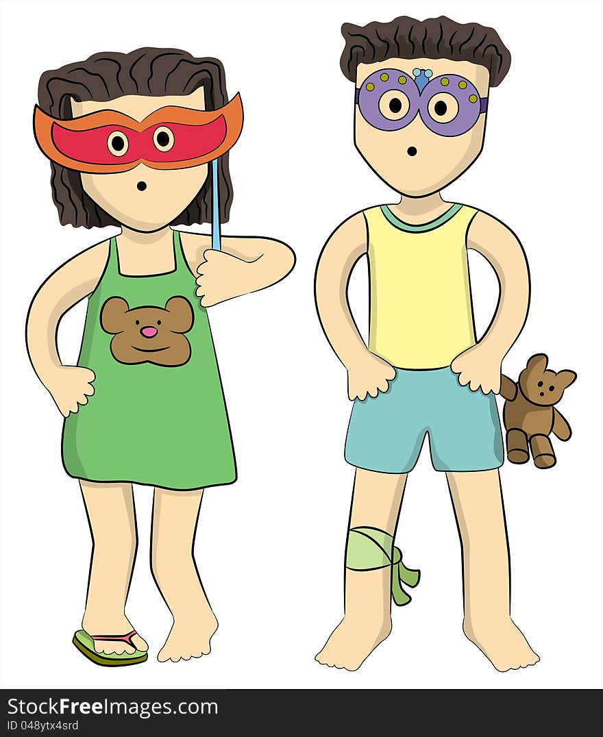 Two cartoon kids posing while wearing mask. Two cartoon kids posing while wearing mask