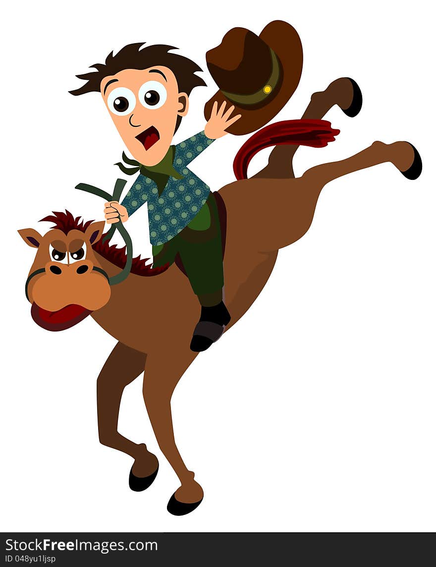 Illustration of a cartoon cowboy having a rodeo ride