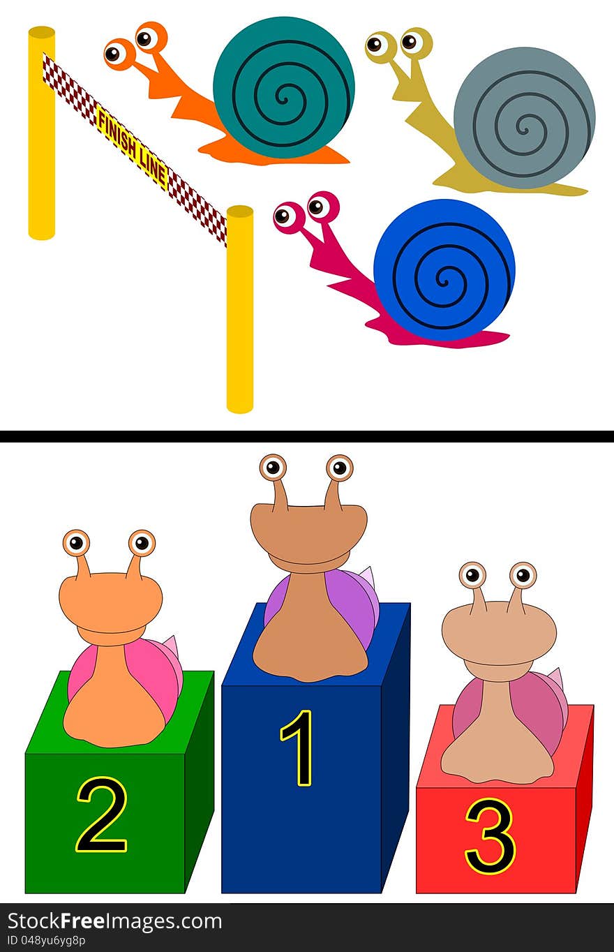 A set of humorous success illustrations, illustration one consists of snails having a race, and illustration two consists of snail race winners