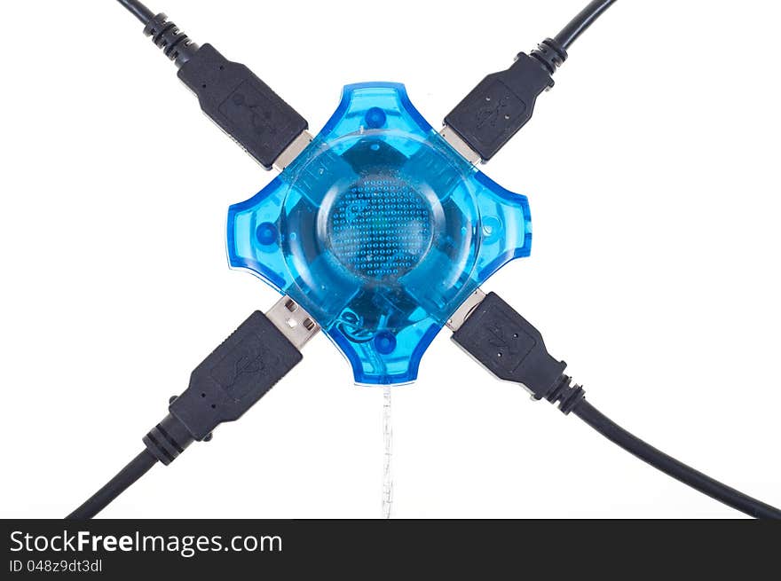 Connected usb hub with blue light, isolated white