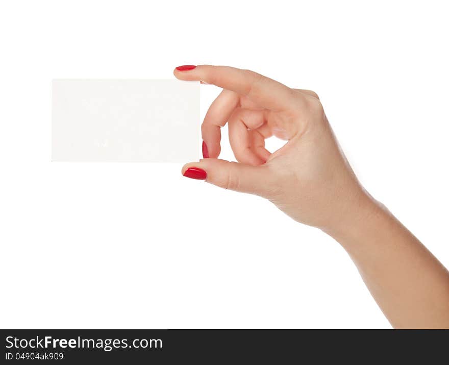 Female hand holding a blank paper. isolated in white