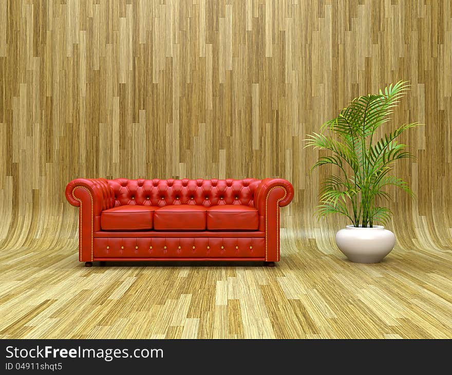 Red classic leather sofa on curved parquet. Red classic leather sofa on curved parquet.