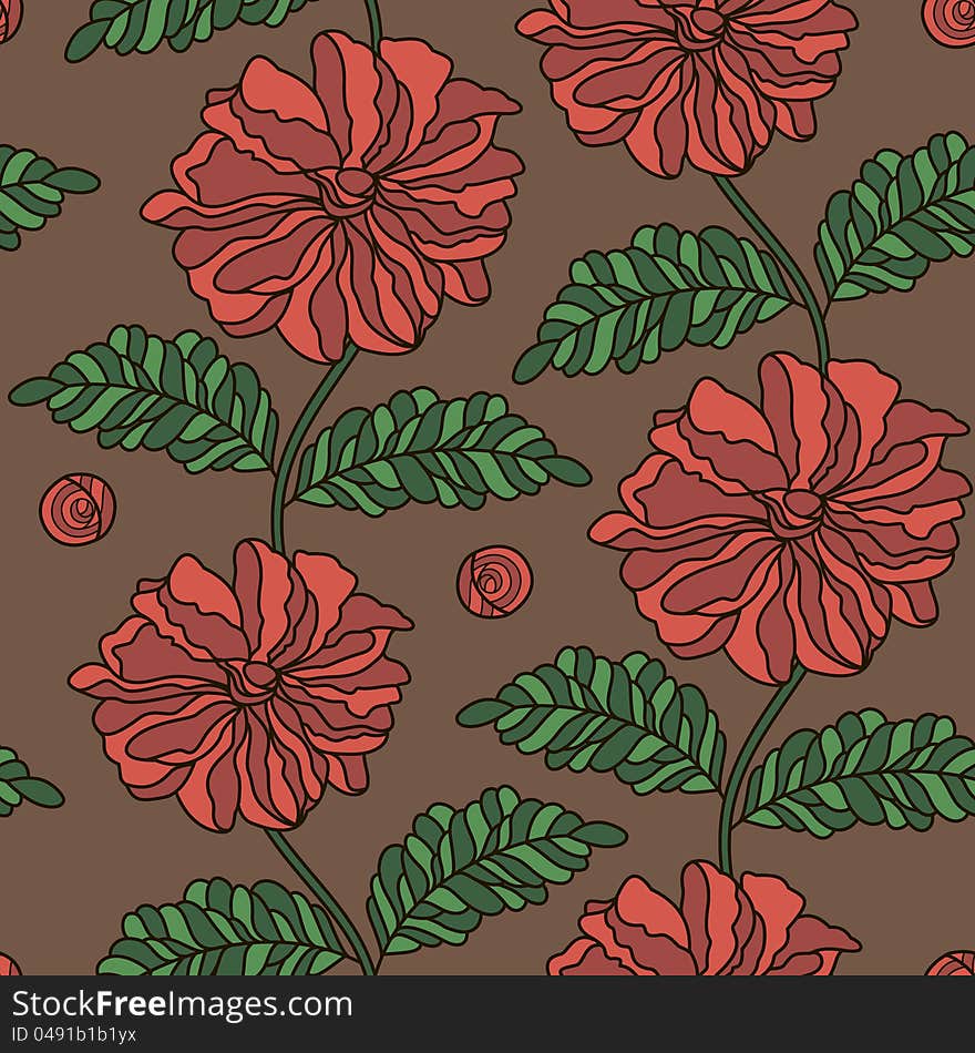 Seamless background with red flowers and green leaves. Seamless background with red flowers and green leaves