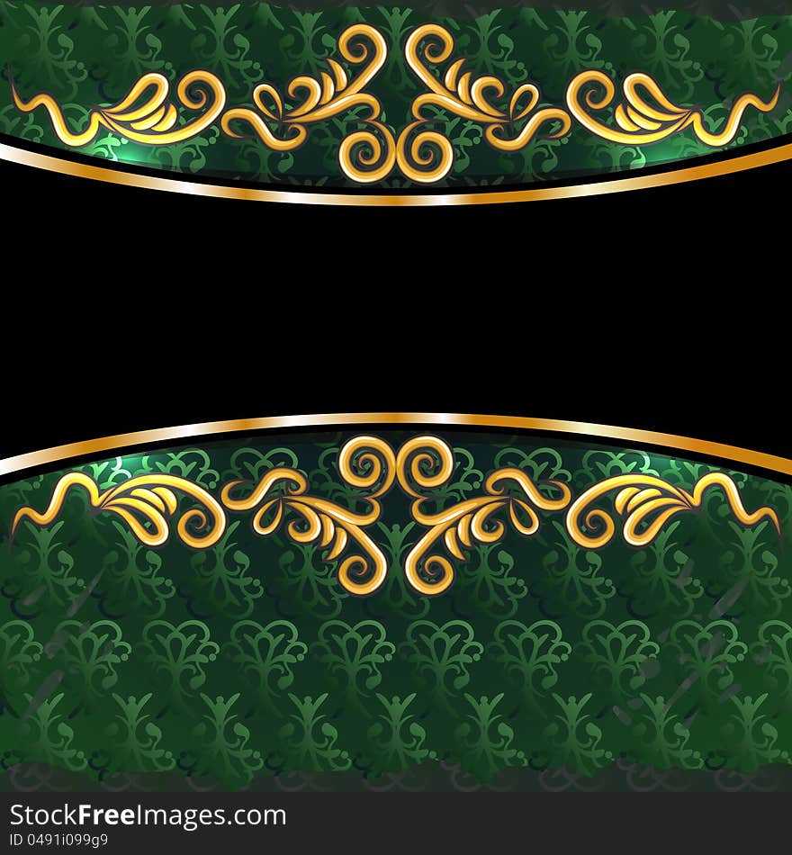 Dark green background with golden decoration and black copy space. Dark green background with golden decoration and black copy space