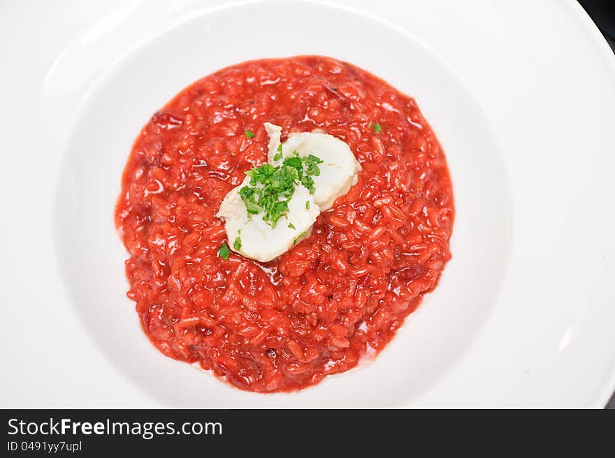 Beetroot risotto and goats cheese