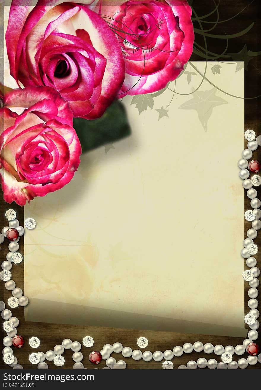 Grunge card with roses, pearls and diamonds