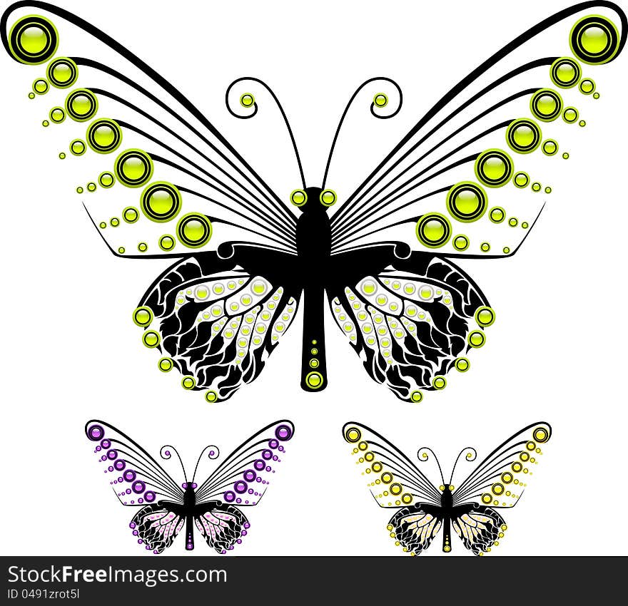 Set of colorful graphic butterflies in different colors