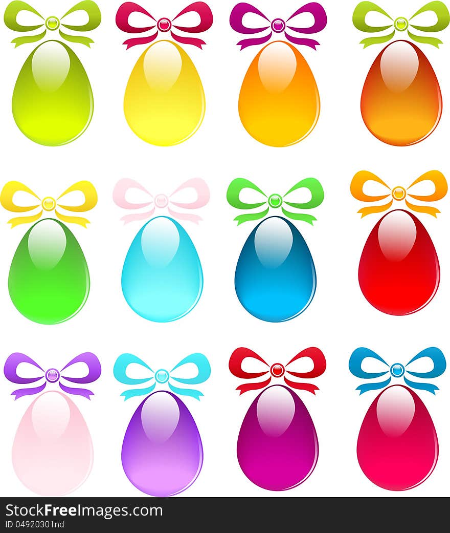 Set of Easter glossy colored eggs with ribbons. Set of Easter glossy colored eggs with ribbons