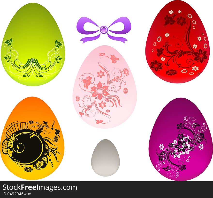 Set of Easter glossy colored eggs with floral patterns. Set of Easter glossy colored eggs with floral patterns