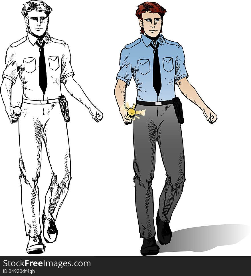 A policeman illustration in comic style, lineart and colored. A policeman illustration in comic style, lineart and colored