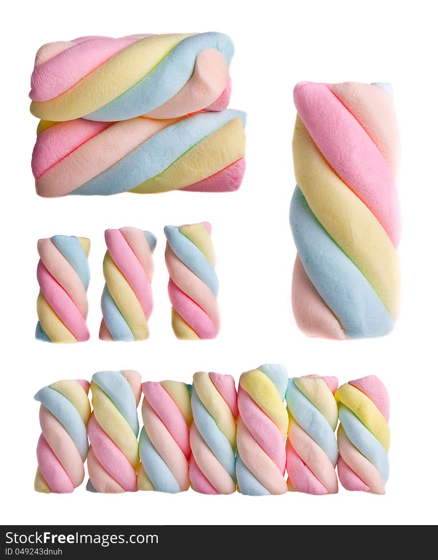 Collage colorful marshmallows on a white background