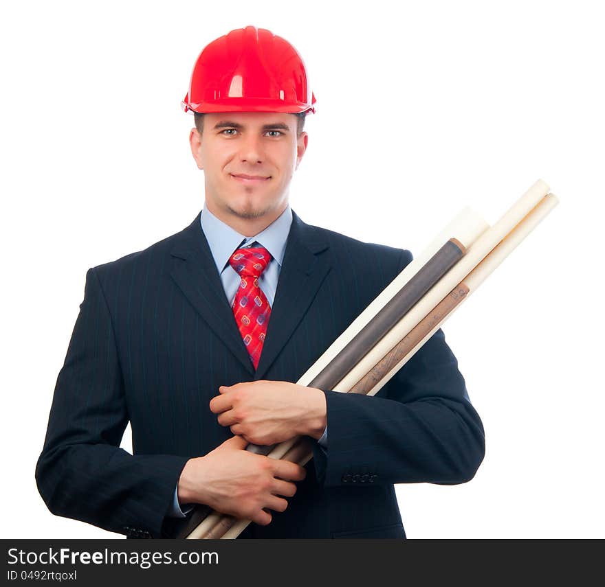 Smiling Engineer With Hard Hat And Blueprints