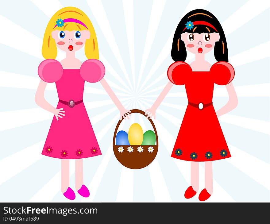 Two girls with basket of easter eggs isolated on sunburst. Two girls with basket of easter eggs isolated on sunburst.