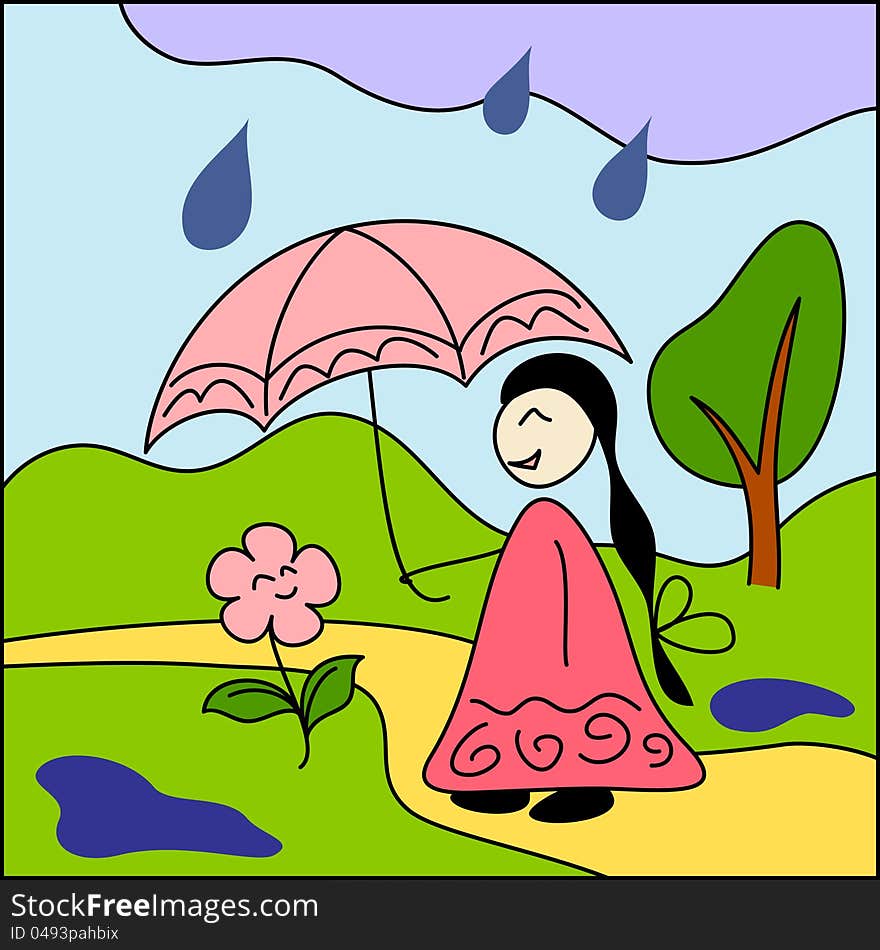 Girl And Flower Under Umbrella