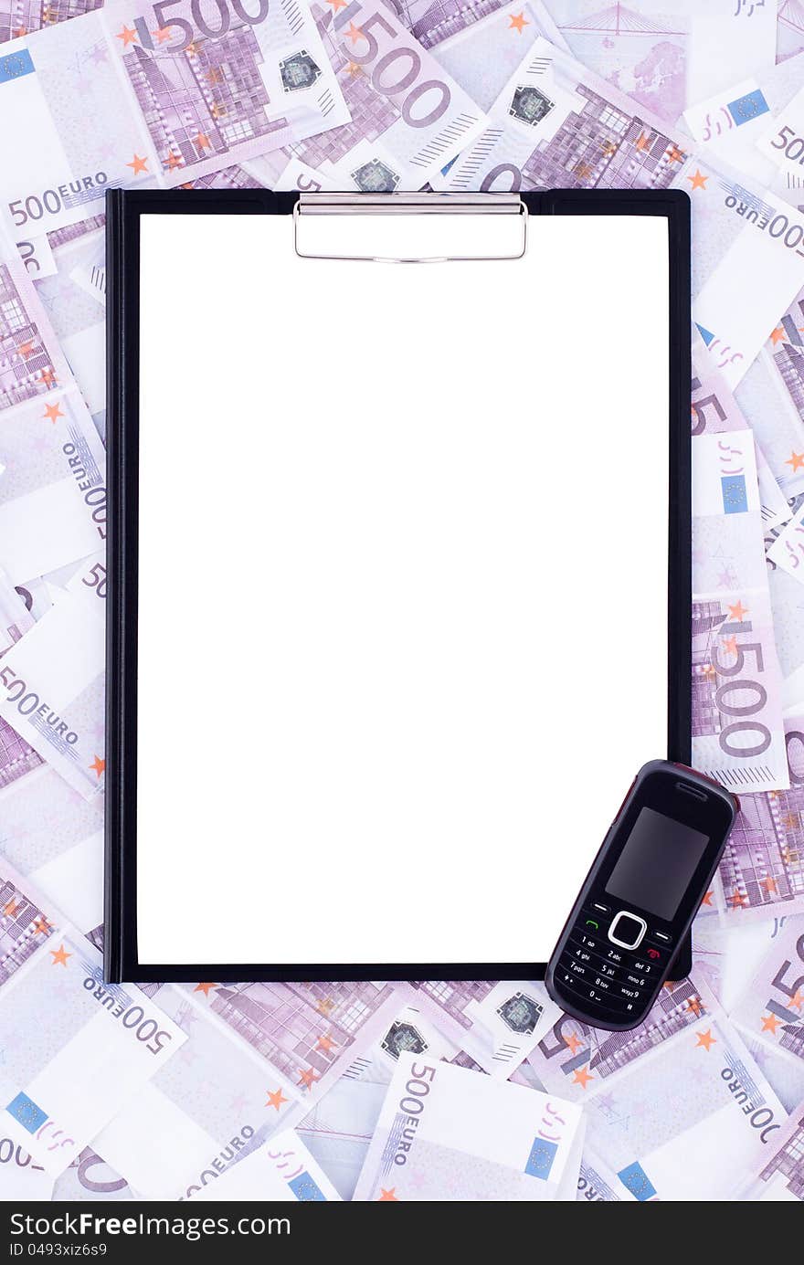 Clipboard and black phone with no trademarks surrounded by EURO. Clipboard and black phone with no trademarks surrounded by EURO