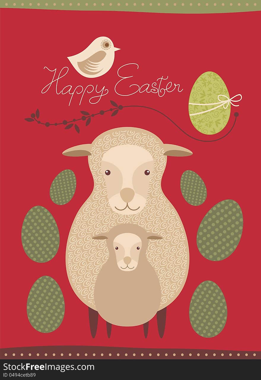 Easter greeting card with sheep and lamb