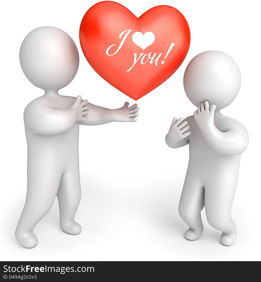 The man gives the woman a big red heart, 3d render. The man gives the woman a big red heart, 3d render