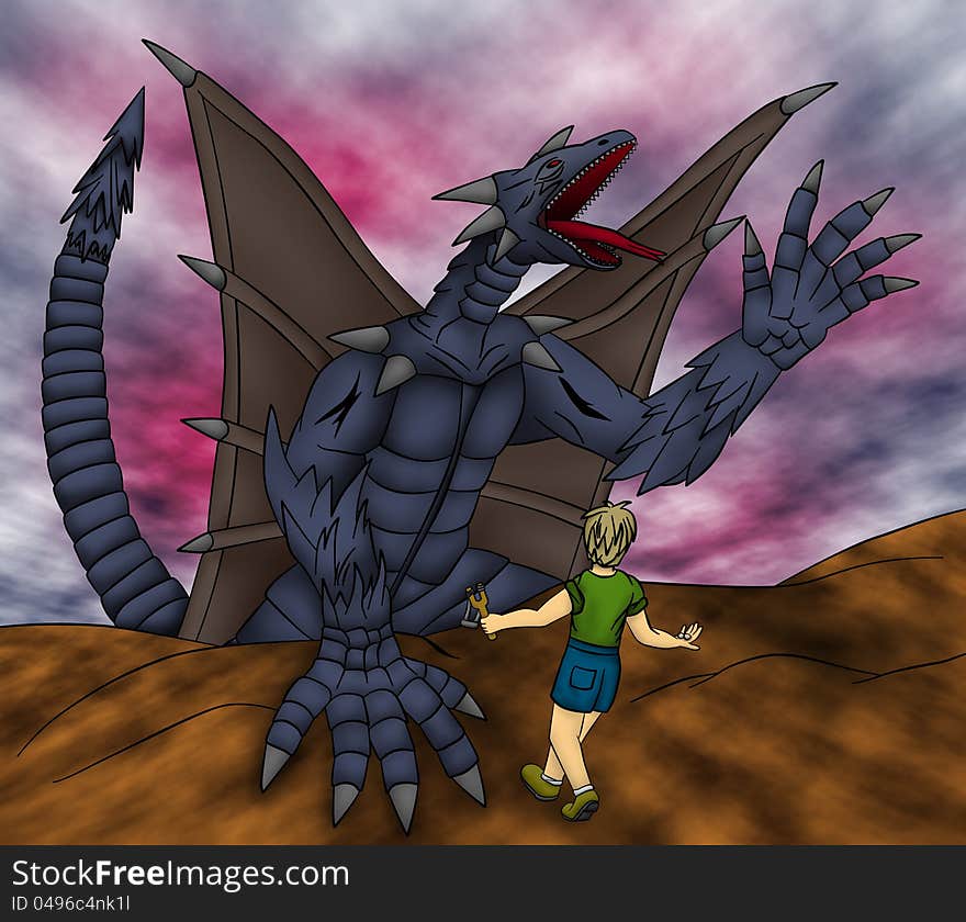 A young boy confidently walks towards an angry dragon carrying only stones and a sling shot. A young boy confidently walks towards an angry dragon carrying only stones and a sling shot