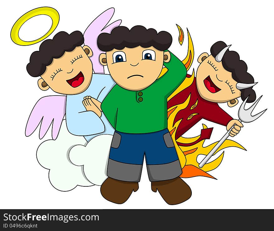 Cute cartoon illustration of a confused man whether he is going to obey his angel or his demon. Cute cartoon illustration of a confused man whether he is going to obey his angel or his demon