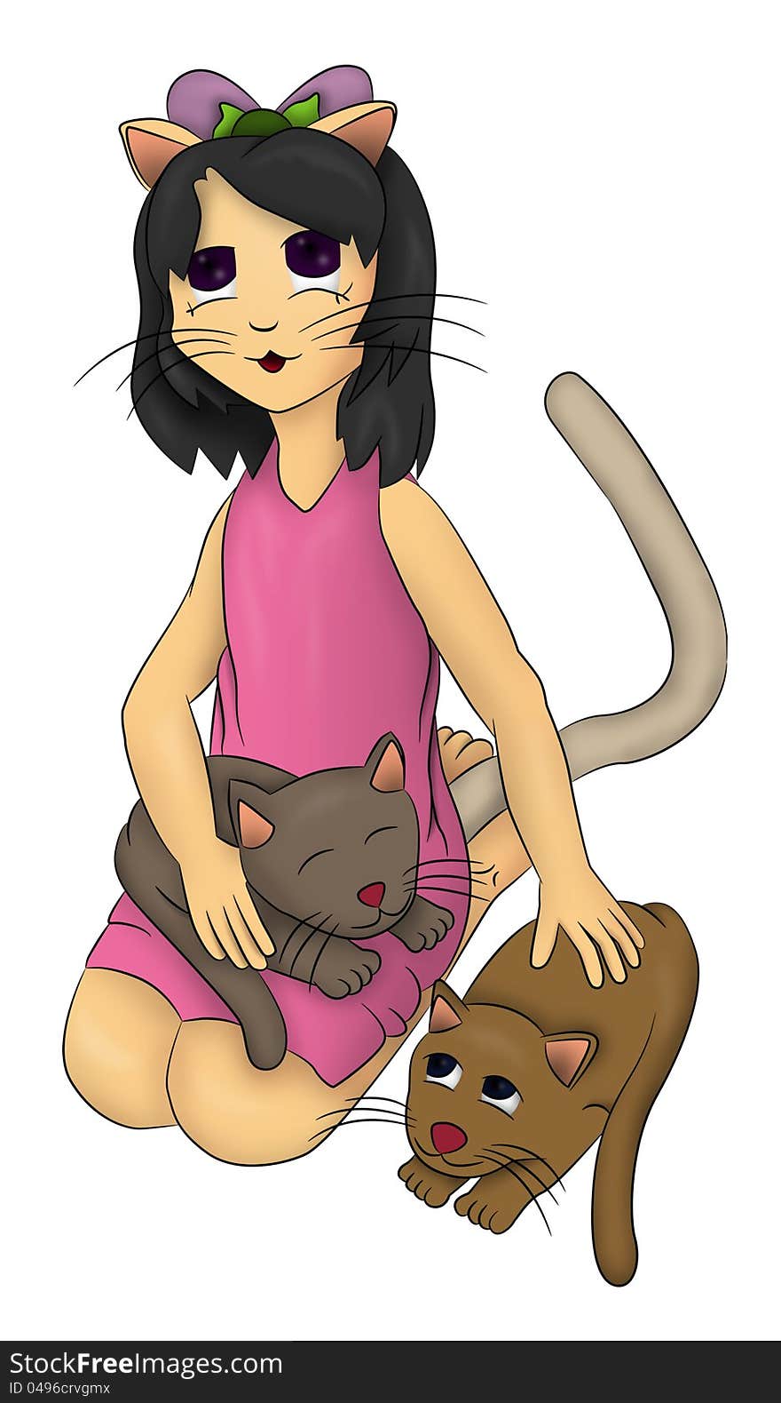 A girl with a cat face and tail accompanied by her pet cats. A girl with a cat face and tail accompanied by her pet cats