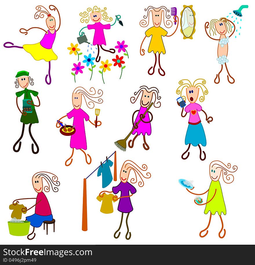 Cute and colorful set of cartoon stick like females, each one has a different activity. Cute and colorful set of cartoon stick like females, each one has a different activity