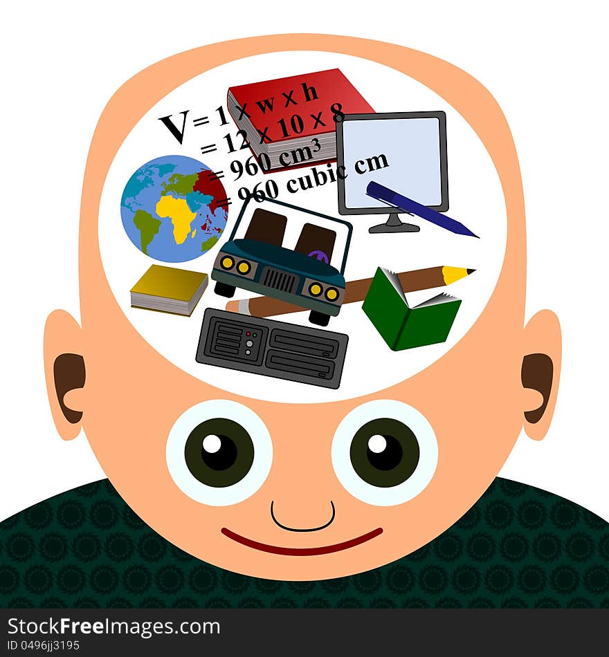 Humorous cartoon illustration of a knowledgeable man with so many ideas in his mind. Humorous cartoon illustration of a knowledgeable man with so many ideas in his mind