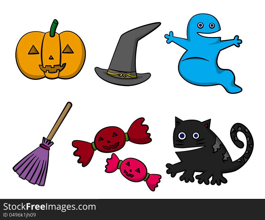 A set of cute cartoon Halloween objects and characters. A set of cute cartoon Halloween objects and characters