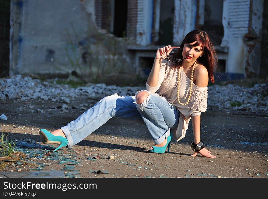 Young lady near ruins