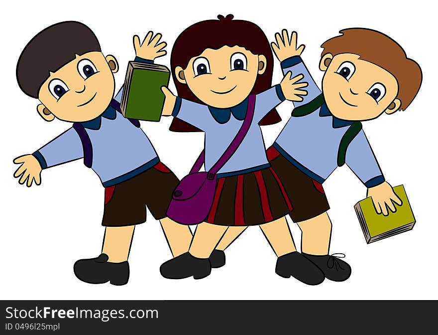 Three cute cartoon students posing happily in school uniform and with their books. Three cute cartoon students posing happily in school uniform and with their books