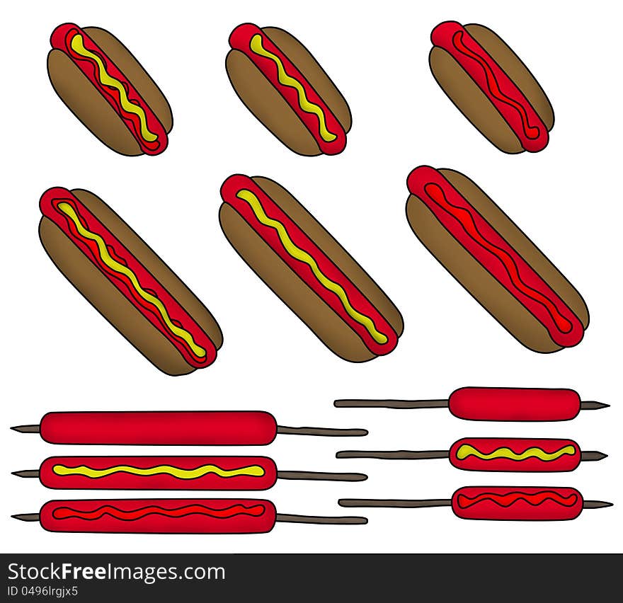 Illustration of a set of hotdogs and the different preparations made to it. Illustration of a set of hotdogs and the different preparations made to it