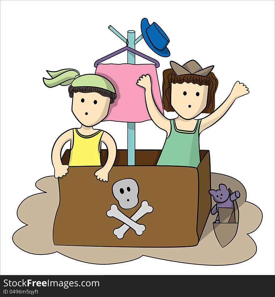 Two cartoon kids playing and pretending to be a pirate, using a big box as a ship. Two cartoon kids playing and pretending to be a pirate, using a big box as a ship