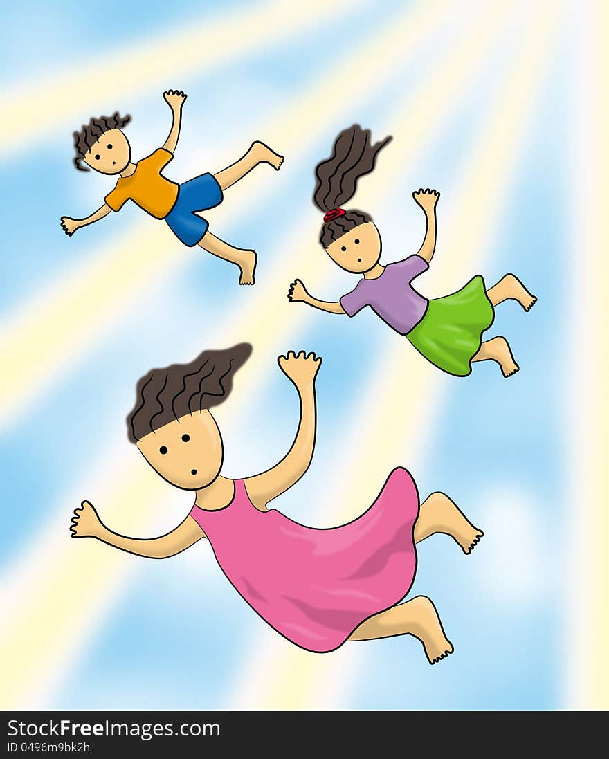 Three cartoon kids falling from the sky. Three cartoon kids falling from the sky