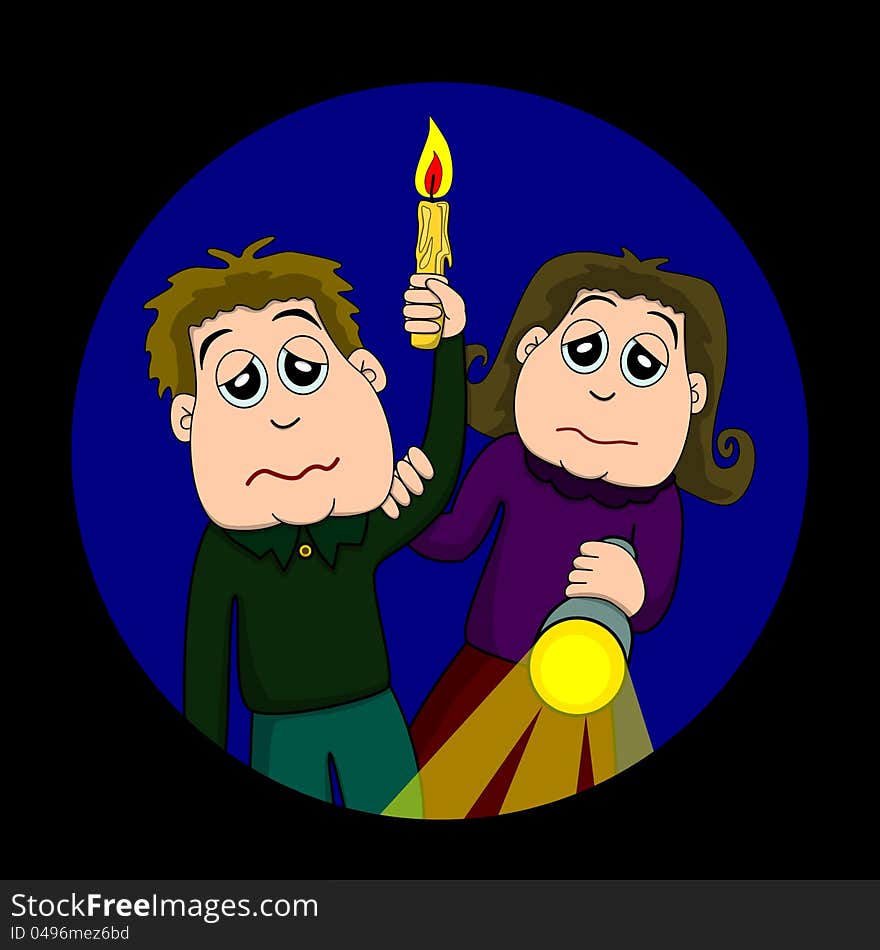 Two cartoon kids holding a candle and flashlight in the dark. Two cartoon kids holding a candle and flashlight in the dark