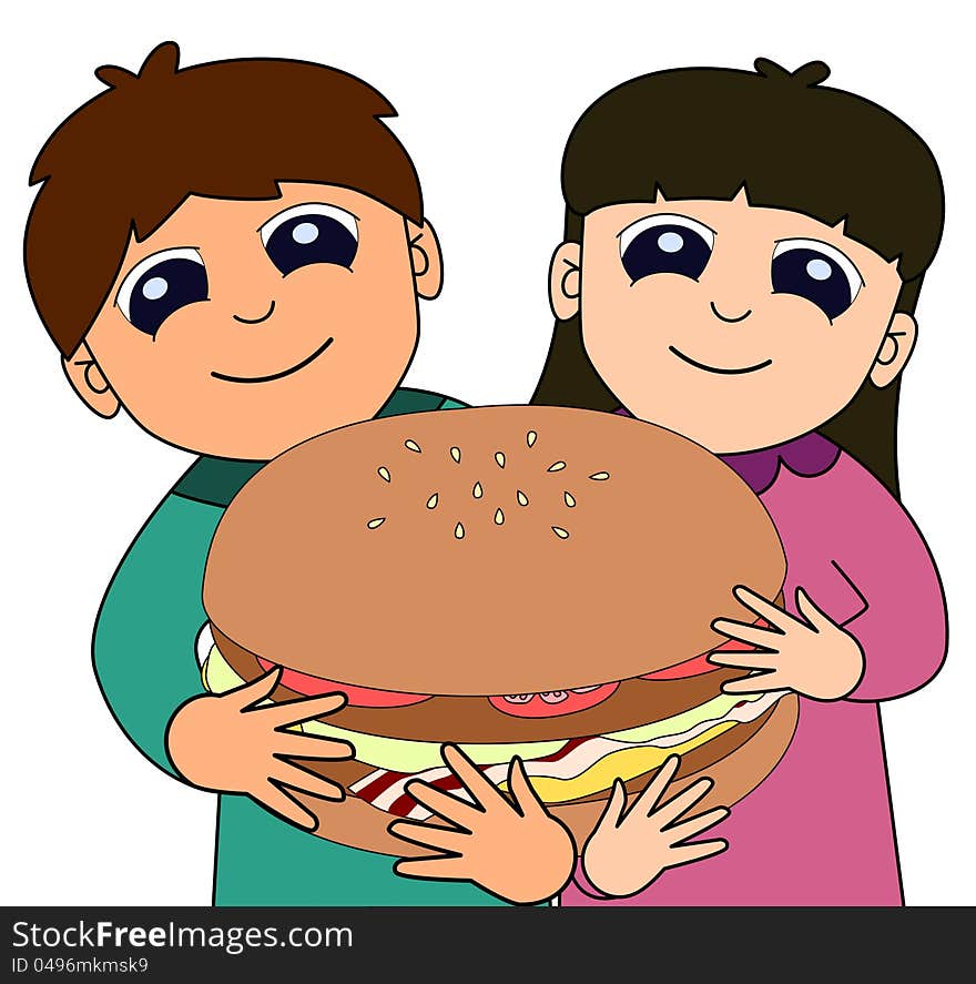 Two cute cartoon kids smiling while holding a giant burger. Two cute cartoon kids smiling while holding a giant burger