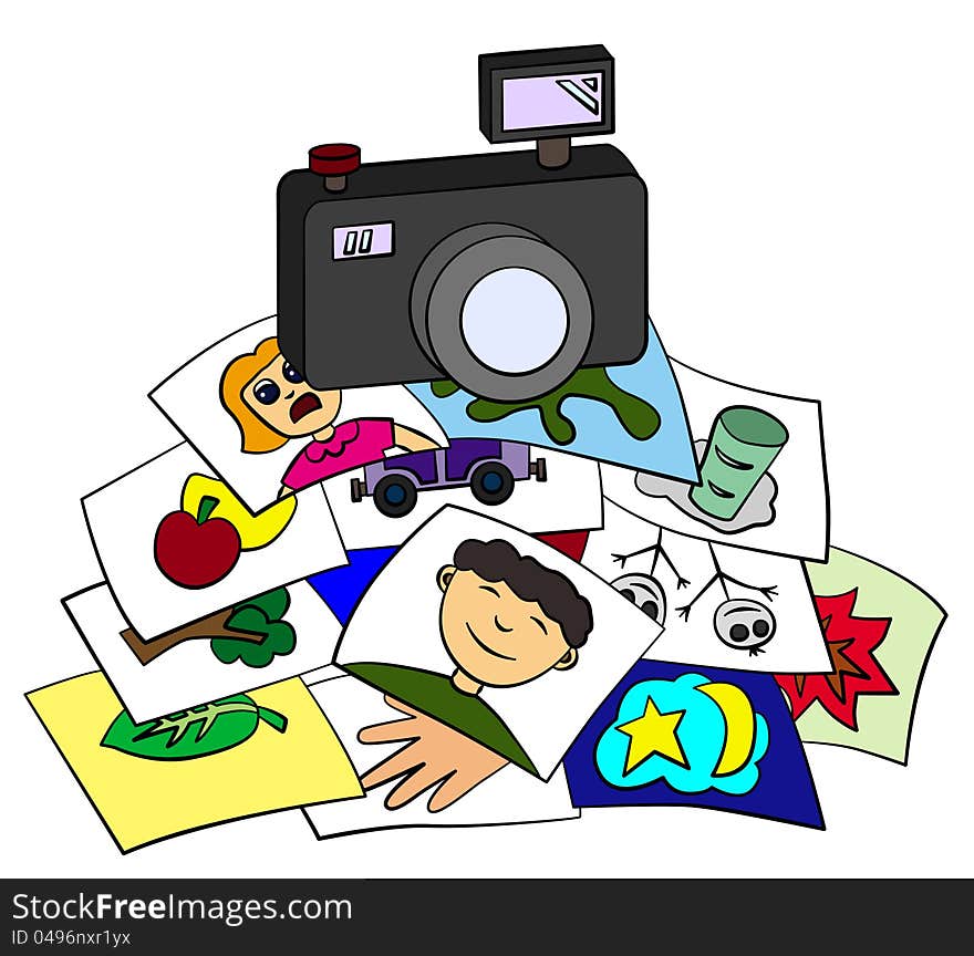 Cartoon illustration of piled up pictures with a camera on top of it. Cartoon illustration of piled up pictures with a camera on top of it