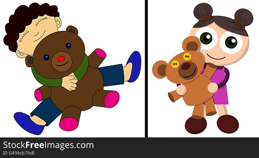 A set made up of a girl and a boy cartoon characters with teddy bears