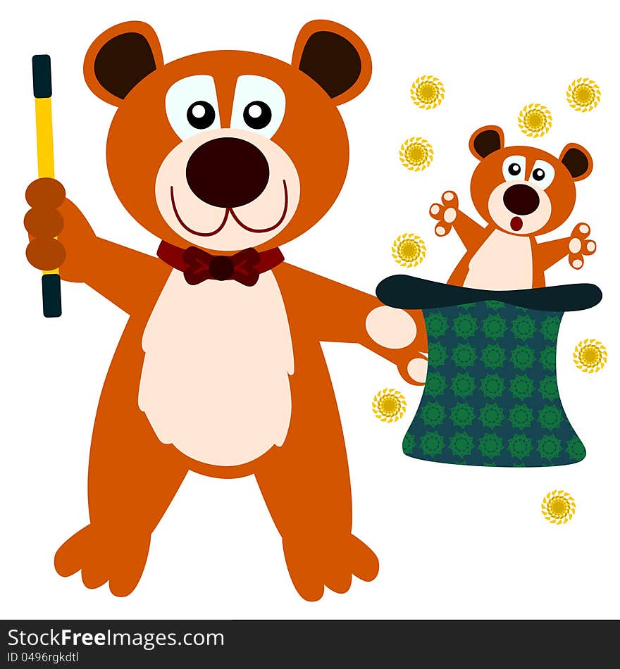 A cartoon bear performing magic and pulling up a bear which looks exactly like him from a hat. A cartoon bear performing magic and pulling up a bear which looks exactly like him from a hat