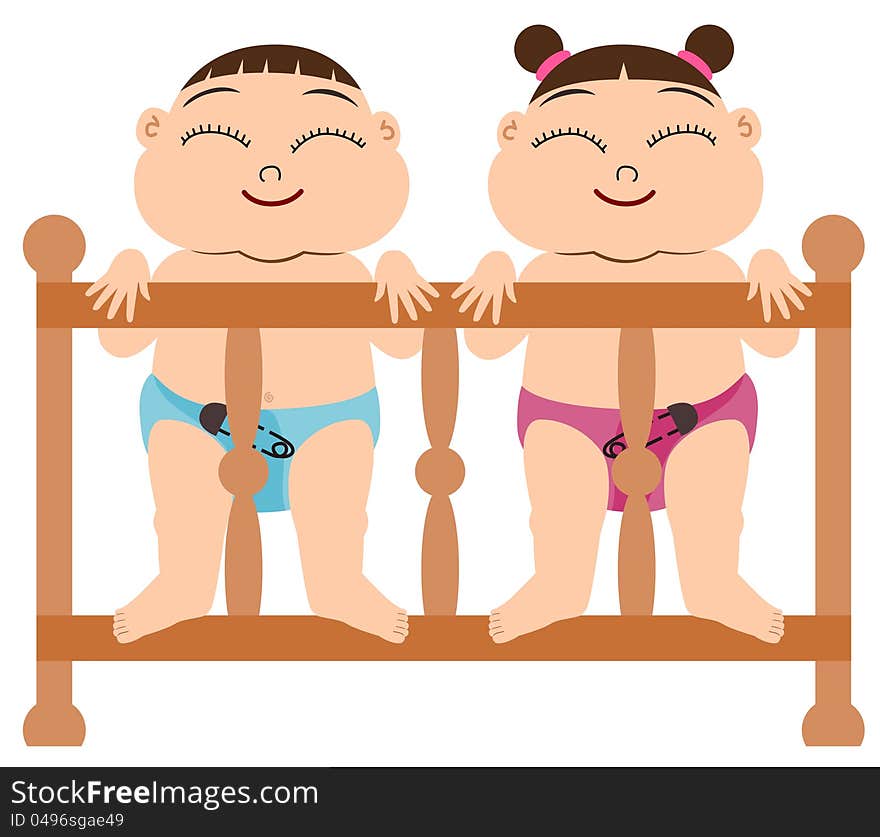 A cute cartoon twins standing inside their crib