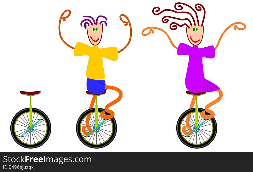 A set of cartoon characters riding a unicycle, with one unicycle in a separate illustration. A set of cartoon characters riding a unicycle, with one unicycle in a separate illustration