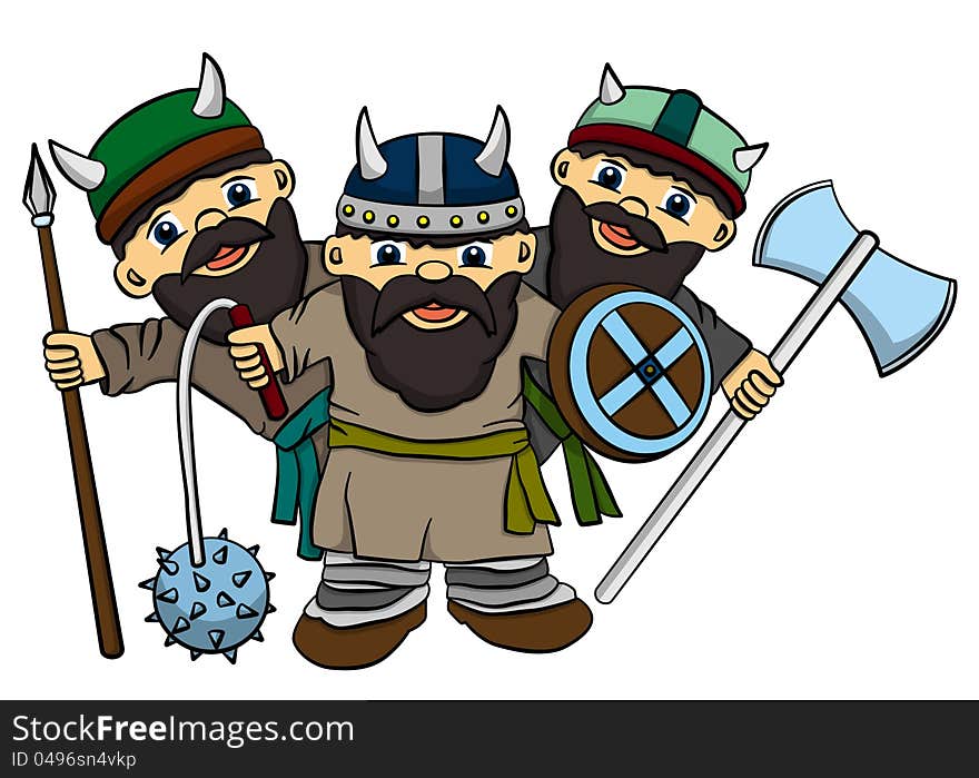 Illustration of three cute cartoon vikings equipped with their weapons