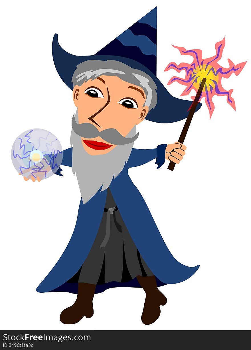 A wizard showing his magic while holding a magic ball and wand