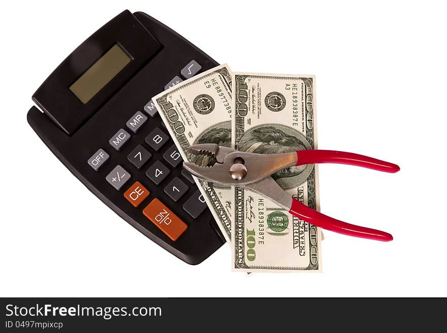 Calculator, Currency and pliers, showing how repairs can be costly. Calculator, Currency and pliers, showing how repairs can be costly.